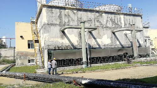 阿城钢厂，应用我公司聚合物防水砂浆，修复钢厂凉水塔